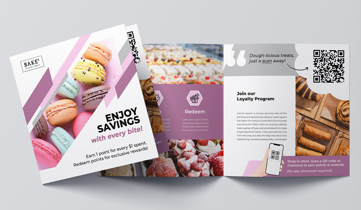 A bakery brochure featuring colorful macarons, loyalty program details with RewardPocket System Integration, redeem options, and QR codes for easy access.