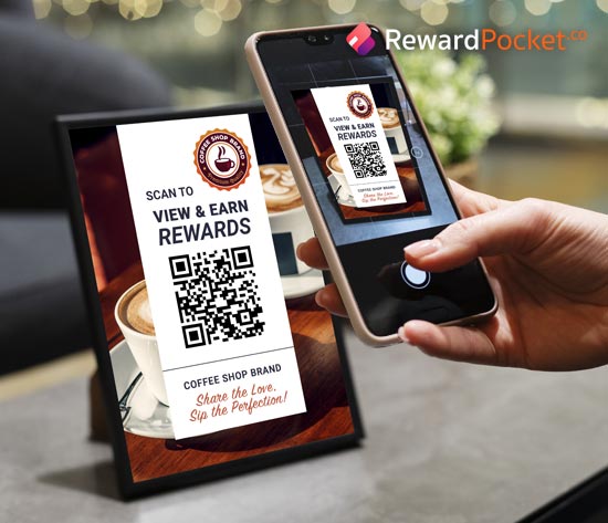 At a cozy coffee shop, a customer scans a QR code with their smartphone to boost brand image and earn rewards, enhancing their experience and tying it perfectly to the shop's commitment to customer loyalty.